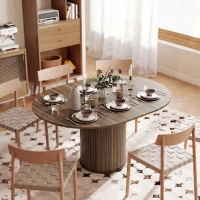 HOMCOM Extendable Kitchen Table for 6-8, 43.5"-59" Farmhouse Dining Table with Pedestal Base Walnut Wood Grain(m-8)