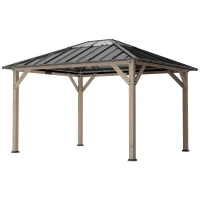Outsunny 10' x 12' Hardtop Gazebo with Galvanized Steel Roof, UPF50+ Wood Permanent Pavilion with Clear Roof Top, Light Walnut(m-1)