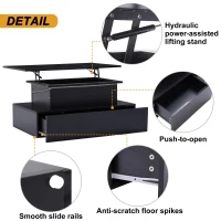 Sleek Lift-Up Coffee Table with LED Lighting and 4 Drawers, Durable Center Table for Living Room, 35.5" L x 21.5" W x 16.5" H, Black(m-8)
