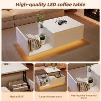 Lift-Up Coffee Table with App-Controlled LED Light and Half Glass Top, Modern Center Table for Living Room, 39.5" L x 19.5" W x 13" H, White(m-4)