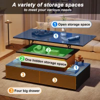 Sleek Lift-Up Coffee Table with LED Lighting and 4 Drawers, Durable Center Table for Living Room, 35.5" L x 21.5" W x 16.5" H, Black(m-4)