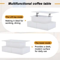Sleek Lift-Up Coffee Table with LED Lighting and 4 Drawers, Durable Center Table for Living Room, 35.5" L x 21.5" W x 16.5" H, White(m-6)