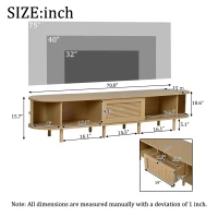 Oval TV Stand with Rattan Drawer and 2 Sliding Doors, Compact Media Console with Adjustable Feet, 71'' L x 15.5'' W x 15.5'' H, Light Oak(m-3)