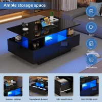 High-Gloss Coffee Table with LED Lighting and 2 Drawers, Versatile Centre Table with Open Storage, 35.5'' L x 21.5'' W x 16'' H, Black(m-5)