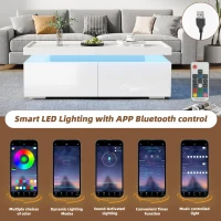 High-Gloss Coffee Table with App-Controlled LED Ambient Lighting, Functional Center Table for Living Room, 37.5" L x 17.5" W x 13.5" H, White(m-5)