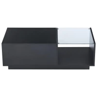 Lift-Up Coffee Table with App-Controlled LED Light and Half Glass Top, Modern Center Table for Living Room, 39.5" L x 19.5" W x 13" H, Black(m-13)