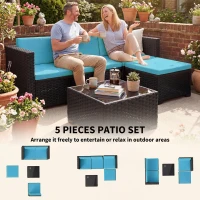 Outsunny 5 Piece Patio Furniture Set, L-Shape Wicker Outdoor Sectional with 3 Chairs, Ottoman, Glass Table, Cushions, Turquoise(m-4)