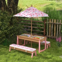 Qaba Kids Picnic Table and Bench Set with Removable Umbrella, Cushions & Boxes, Flamingo Theme for Outdoor, Pink(m-1)