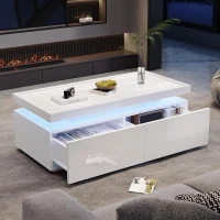 High-Gloss Coffee Table with App-Controlled LED Ambient Lighting, Functional Center Table for Living Room, 37.5" L x 17.5" W x 13.5" H, White(m-1)