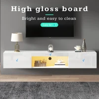Floating TV Stand with High-Gloss Finish and LED Ambient Lighting, Sleek TV Cabinet with Pull-Down Doors, 63" L x 12" W x 8.5" H, White(m-4)