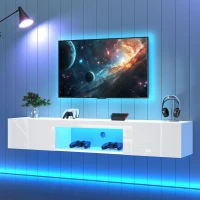 Floating TV Stand with High-Gloss Finish and LED Ambient Lighting, Sleek TV Cabinet with Pull-Down Doors, 63" L x 12" W x 8.5" H, White(m-1)