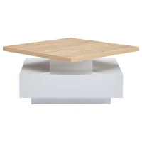 Square Rotating Coffee Table with Double-Layer Storage, Multi-Use Center Table for Living Area, 27.5'' L x 27.5'' W x 14'' H, White+Oak(m-13)