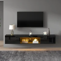 Floating TV Stand with High-Gloss Finish and LED Ambient Lighting, Sleek TV Cabinet with Pull-Down Doors, 63" L x 12" W x 8.5" H, Black(m-7)