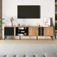 Modern TV Stand with 3 Doors and 3-Tier Open Shelving, Spacious TV Entertainment Center for Living Room, 70.5" L x 15.5" W x 19.5" H, Wood(m-8)
