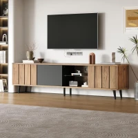 Sleek TV Stand with 3 Doors and 2-Tier Tempered-Glass Shelf, Slim TV Cabinet with Hidden Storage, 69" L x 12.5" W x 17.5" H, Natural Wood(m-1)