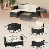 Outsunny 5 Piece Patio Furniture Set, L-Shape Wicker Outdoor Sectional with 3 Chairs, Ottoman, Glass Table, Cushions, Cream(m-3)