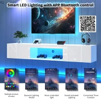 Floating TV Stand with High-Gloss Finish and LED Ambient Lighting, Sleek TV Cabinet with Pull-Down Doors, 63" L x 12" W x 8.5" H, White(m-8)