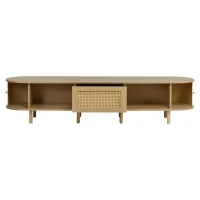 Oval TV Stand with Rattan Drawer and 2 Sliding Doors, Compact Media Console with Adjustable Feet, 71'' L x 15.5'' W x 15.5'' H, Light Oak(m-12)