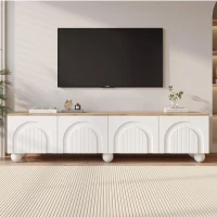 Stylish TV Stand with 4 Doors and Spherical Metal Legs, Sturdy TV Cabinet with Large Closed Storage, 71" L x 15.5" W x 17.5" H, White+Oak(m-6)