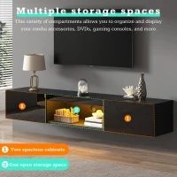Floating TV Stand with High-Gloss Finish and LED Ambient Lighting, Sleek TV Cabinet with Pull-Down Doors, 63" L x 12" W x 8.5" H, Black(m-4)