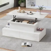 Sleek Lift-Up Coffee Table with LED Lighting and 4 Drawers, Durable Center Table for Living Room, 35.5" L x 21.5" W x 16.5" H, White(m-1)