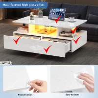High-Gloss Coffee Table with Built-In LED Light and 2 Drawers, Minimalist Centre Table with Open Storage, 35.5'' L x 21.5'' W x 16'' H, White(m-6)
