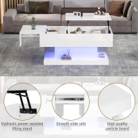 Lift-Top Coffee Table with Sliding Extendable Desktop, Sleek Multi‑Use Table with USB/App-Controlled Lights, 39.5" L x 19.5" W x 17.5" H, White(m-6)