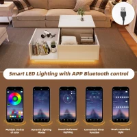 Lift-Up Coffee Table with App-Controlled LED Light and Half Glass Top, Modern Center Table for Living Room, 39.5" L x 19.5" W x 13" H, White(m-5)