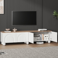 Stylish TV Stand with 4 Doors and Spherical Metal Legs, Sturdy TV Cabinet with Large Closed Storage, 71" L x 15.5" W x 17.5" H, White+Oak