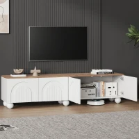 Stylish TV Stand with 4 Doors and Spherical Metal Legs, Sturdy TV Cabinet with Large Closed Storage, 71" L x 15.5" W x 17.5" H, White+Oak(m-1)