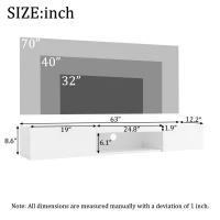 Floating TV Stand with High-Gloss Finish and LED Ambient Lighting, Sleek TV Cabinet with Pull-Down Doors, 63" L x 12" W x 8.5" H, White(m-3)
