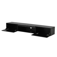 Floating TV Stand with High-Gloss Finish and LED Ambient Lighting, Sleek TV Cabinet with Pull-Down Doors, 63" L x 12" W x 8.5" H, Black(m-2)