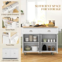 HOMCOM Rolling Kitchen Island Cart with Drop Leaf, Kitchen Cart on Wheels with Wood Top, 2 Drawers and 2 Storage Cabinets, Island Table for Kitchen, Dining Room, White(m-4)