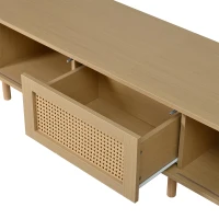 Oval TV Stand with Rattan Drawer and 2 Sliding Doors, Compact Media Console with Adjustable Feet, 71'' L x 15.5'' W x 15.5'' H, Light Oak(m-10)