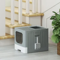 PawHut Cat Litter Box with Lid, Slide-Out Drawer, Scoop, Easy Clean, Odour Control, Anti-Splashing, Grey(m-9)