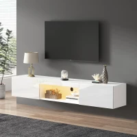 Floating TV Stand with High-Gloss Finish and LED Ambient Lighting, Sleek TV Cabinet with Pull-Down Doors, 63" L x 12" W x 8.5" H, White(m-9)