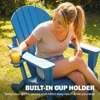 Outsunny Folding Adirondack Chair Set of 2, HDPE Fire Pit Chair with Retractable Ottoman and Cup Holder, Blue(m-7)