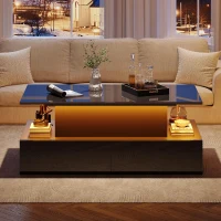 Sleek Lift-Up Coffee Table with LED Lighting and 4 Drawers, Durable Center Table for Living Room, 35.5" L x 21.5" W x 16.5" H, Black(m-9)