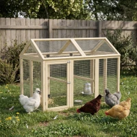 PawHut Wooden Chicken Run, Combinable Design with Perches, 4.6' x 2.8', Nature Wood(m-4)