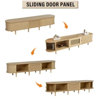 Oval TV Stand with Rattan Drawer and 2 Sliding Doors, Compact Media Console with Adjustable Feet, 71'' L x 15.5'' W x 15.5'' H, Light Oak(m-8)