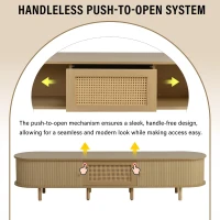 Oval TV Stand with Rattan Drawer and 2 Sliding Doors, Compact Media Console with Adjustable Feet, 71'' L x 15.5'' W x 15.5'' H, Light Oak(m-6)