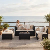 Outsunny 5 Piece Patio Furniture Set, L-Shape Wicker Outdoor Sectional with 3 Chairs, Ottoman, Glass Table, Cushions, Cream(m-10)