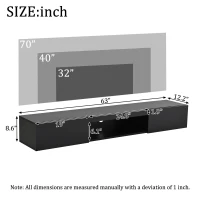 Floating TV Stand with High-Gloss Finish and LED Ambient Lighting, Sleek TV Cabinet with Pull-Down Doors, 63" L x 12" W x 8.5" H, Black(m-3)