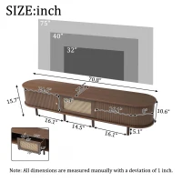 Minimalist TV Stand with Rattan Drawer and 2 Sliding Doors, Oval Media Console with Space-Saving Top, 71'' L x 15.5'' W x 15.5'' H, Dark Oak(m-3)