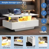 High-Gloss Coffee Table with Built-In LED Light and 2 Drawers, Minimalist Centre Table with Open Storage, 35.5'' L x 21.5'' W x 16'' H, White(m-5)