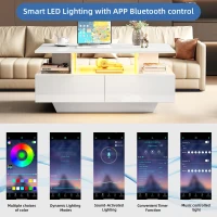 High-Gloss Coffee Table with Built-In LED Light and 2 Drawers, Minimalist Centre Table with Open Storage, 35.5'' L x 21.5'' W x 16'' H, White(m-4)