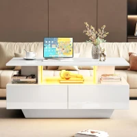 High-Gloss Coffee Table with Built-In LED Light and 2 Drawers, Minimalist Centre Table with Open Storage, 35.5'' L x 21.5'' W x 16'' H, White(m-7)