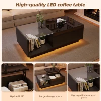 Lift-Up Coffee Table with App-Controlled LED Light and Half Glass Top, Modern Center Table for Living Room, 39.5" L x 19.5" W x 13" H, Black(m-6)
