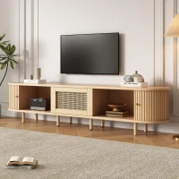 Oval TV Stand with Rattan Drawer and 2 Sliding Doors, Compact Media Console with Adjustable Feet, 71'' L x 15.5'' W x 15.5'' H, Light Oak(m-1)