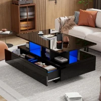 High-Gloss Coffee Table with LED Lighting and 2 Drawers, Versatile Centre Table with Open Storage, 35.5'' L x 21.5'' W x 16'' H, Black(m-1)
